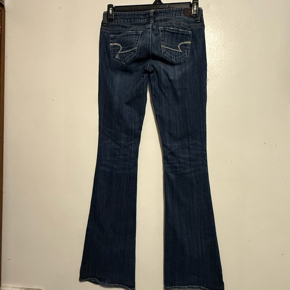 American Eagle Women's Blue Distressed Jeans Size 4 XLong Double Button Flared - Picture 4 of 16
